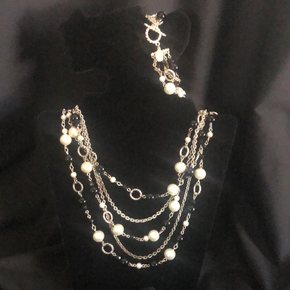 White House Black Market pearl, black gemstone silver bracelet necklace set